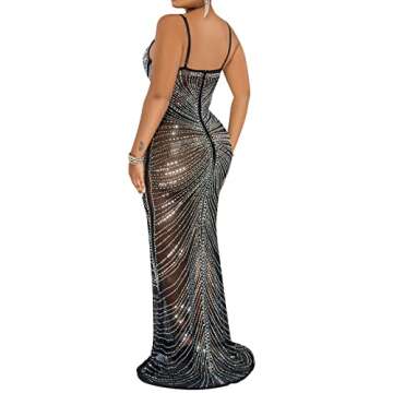 Uni Clau Women Sexy V Neck Halter Spaghetti Straps Rhinestone Hot Drilling Dress Mesh See Through Bo...