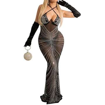 Sexy V Neck Rhinestone Bodycon Maxi Dress for Women