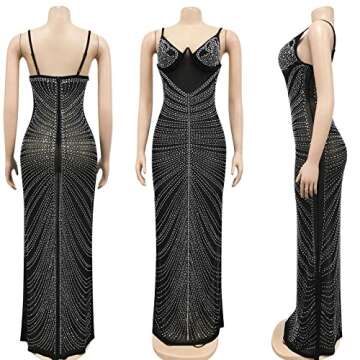Sexy V Neck Rhinestone Bodycon Maxi Dress for Women