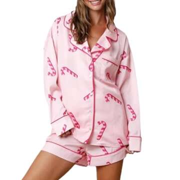 Faretumiya Women Christmas Pajamas Shorts Sets Pink Candy Cane Pjs Long Sleeve Button Down Shirt Lounge Set Xmas Print 2 Piece Sleepwear(Pink,Small)
