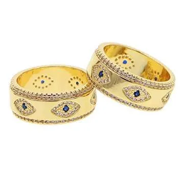 ATJMLADYJEWELRY Lucky Turkish Evil Eye Gold Wide Band Finger Ring for Women