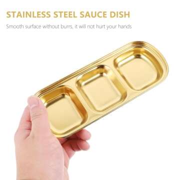 DOITOOL 2Pcs Stainless Steel Dipping Bowls,3 Compartment Appetizer Serving Tray,Soy Sauce Dish Serving Dishes Appetizer Plates for Soy Sauce, Ketchup, BBQ Sauce or Seasoning(Gold)