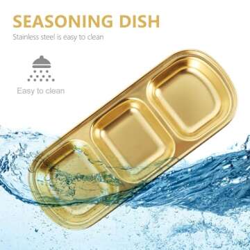 DOITOOL 2Pcs Stainless Steel Dipping Bowls,3 Compartment Appetizer Serving Tray,Soy Sauce Dish Serving Dishes Appetizer Plates for Soy Sauce, Ketchup, BBQ Sauce or Seasoning(Gold)
