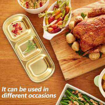 DOITOOL 2Pcs Stainless Steel Dipping Bowls,3 Compartment Appetizer Serving Tray,Soy Sauce Dish Serving Dishes Appetizer Plates for Soy Sauce, Ketchup, BBQ Sauce or Seasoning(Gold)