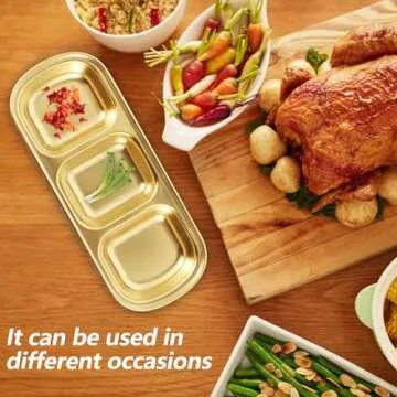 DOITOOL 2Pcs Stainless Steel Dipping Bowls,3 Compartment Appetizer Serving Tray,Soy Sauce Dish Serving Dishes Appetizer Plates for Soy Sauce, Ketchup, BBQ Sauce or Seasoning(Gold)