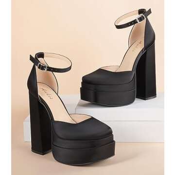 Ankis Black Chunky Platform Heels Closed Toe Heels for Women 5.7in Square Toe Platform Pumps Ankle S...