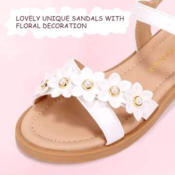 PANDANINJIA Mary Girls Sandals Open Toe Cute Flower Pearl Flats Dress Sandals Cross Strappy Summer Shoes Toddler/Little Kid/Big Kid (White Pu, 10 M US Toddler)