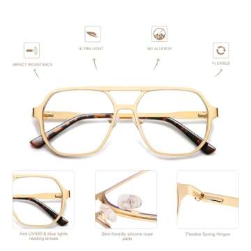 AMOMOMA Retro Aviator Reading Glasses for Women Men, Blue Light Blocking Womens Computer Readers Retro Metal Frame AM6170US, Black&Gold 1.50x
