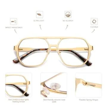 AMOMOMA Retro Aviator Reading Glasses for Women Men, Blue Light Blocking Womens Computer Readers Retro Metal Frame AM6170US, Black&Gold 1.50x
