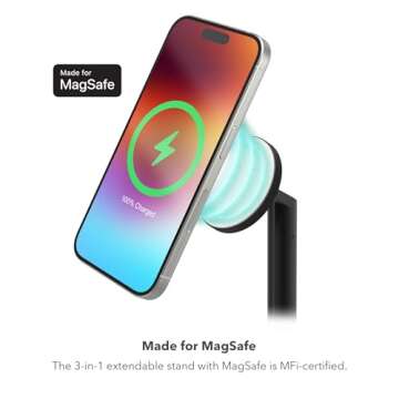 mophie MagSafe 3-in-1 Wireless Charging Stand - Extendable & Fast Charging for iPhone 16/15/14/13/12, Apple Watch, AirPods | Sleek Design, Qi & MFi Certified