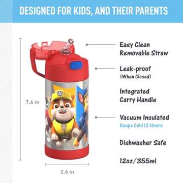 THERMOS FUNTAINER Water Bottle with Straw - 12 Ounce - Kids Stainless Steel Vacuum Insulated Water Bottle with Lid, Paw Patrol