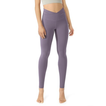 ODODOS Women's Cross Waist Full Length Yoga Leggings with Inner Pocket, Inseam 28" Gathered Crossove...