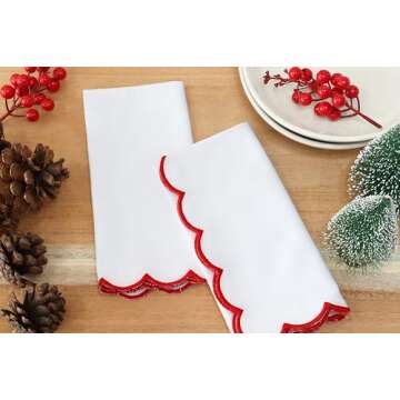 PurpleEssences Scalloped Embroidery Cloth Napkins Table Decor Spring Summer Easter 100% Cotton Set of 4-18 x 18 inch - White - Edges - Red