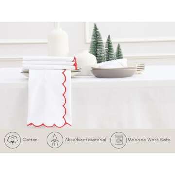 PurpleEssences Scalloped Embroidery Cloth Napkins Table Decor Spring Summer Easter 100% Cotton Set of 4-18 x 18 inch - White - Edges - Red