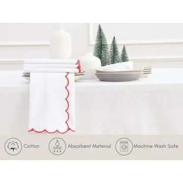 PurpleEssences Scalloped Embroidery Cloth Napkins Table Decor Spring Summer Easter 100% Cotton Set of 4-18 x 18 inch - White - Edges - Red