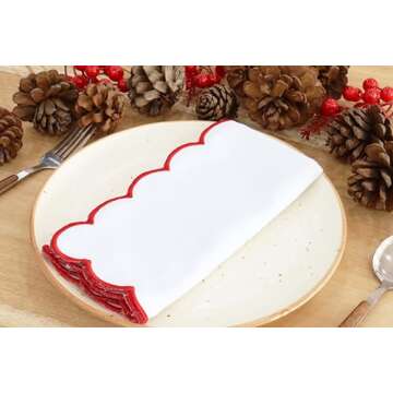 PurpleEssences Scalloped Embroidery Cloth Napkins Table Decor Spring Summer Easter 100% Cotton Set of 4-18 x 18 inch - White - Edges - Red