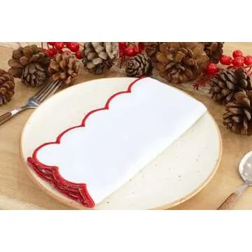 PurpleEssences Scalloped Embroidery Cloth Napkins Table Decor Spring Summer Easter 100% Cotton Set of 4-18 x 18 inch - White - Edges - Red