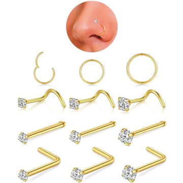 18g Gold Nose Rings Hoop and 20g Nose Studs Sets for Women Men,Hypoallergenic 316L Surgical Stainles...