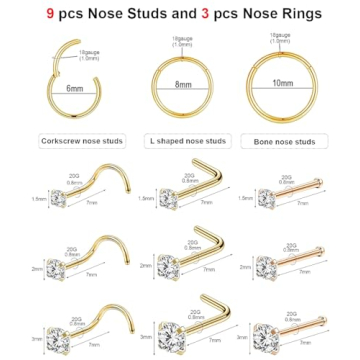 12-Piece Hypoallergenic Gold Nose Rings & Studs Set