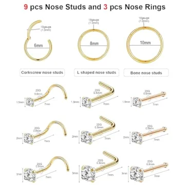 12-Piece Hypoallergenic Gold Nose Rings & Studs Set
