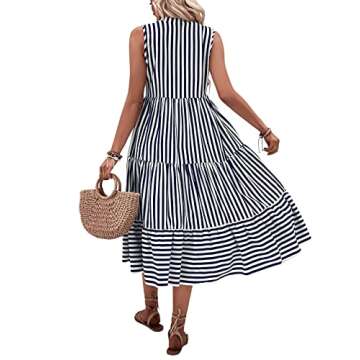 Floerns Women's Striped Print Notched Neck Sleeveless Ruffle A Line Midi Dress Blue White Multi XL