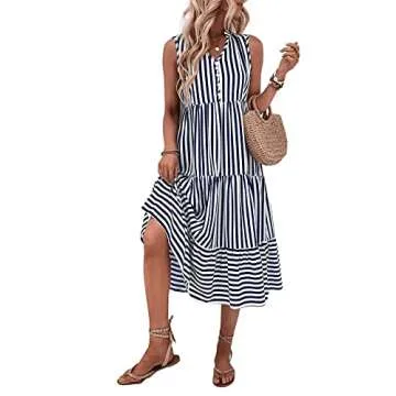 Floerns Women's Striped Print Notched Neck Sleeveless Ruffle A Line Midi Dress Blue White Multi XL