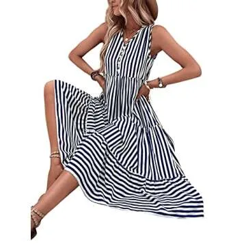 Floerns Women's Striped Print Notched Neck Sleeveless Ruffle A Line Midi Dress Blue White Multi XL