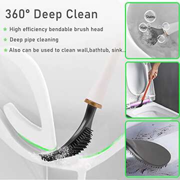Silicone Toilet Brush with Holder Set, Automatic Toilet Brush for Bathroom ​- No-Slip Long Handle and Quick Drying Wall-Mounted Holder - Easy to Assemble Ventilation Base