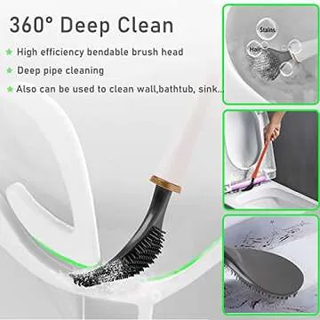 Silicone Toilet Brush with Holder Set, Automatic Toilet Brush for Bathroom ​- No-Slip Long Handle and Quick Drying Wall-Mounted Holder - Easy to Assemble Ventilation Base
