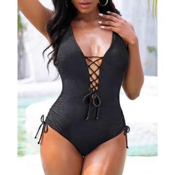 Holipick Black Women Ribbed One Piece Swimsuits Sexy Bathing Suit Lace Up V Neck Swimwear XL