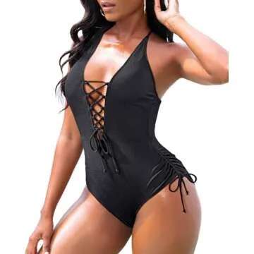 Holipick Black Women Ribbed One Piece Swimsuits Sexy Bathing Suit Lace Up V Neck Swimwear XL