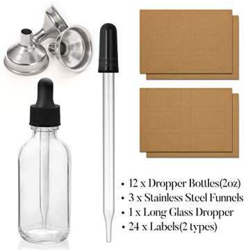 12 Pack, 2 oz Glass Eye Dropper Bottles w/ 3 Stainless Steel Funnels & 1 Long Pipette Dropper & 24 L...