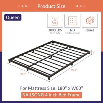 Nailsong 4 Inch Bed Frame Queen Size Low Profile, Queen Bed Frame No Box Spring Needed, Heavy Duty M...