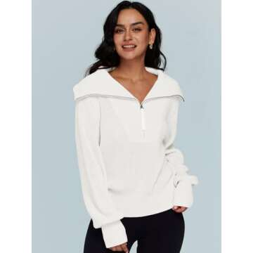 LILLUSORY Women's Pullover Zip Up Sweat Shirt Fall Fashion Short Soft Sweater Lightweight Knit Hoodie Winter Outfits White