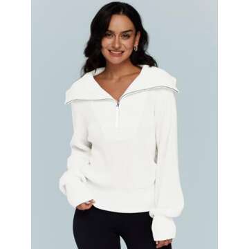 LILLUSORY Women's Pullover Zip Up Sweat Shirt Fall Fashion Short Soft Sweater Lightweight Knit Hoodie Winter Outfits White