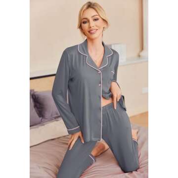 Ekouaer Women's Long Sleepwear Pajama Set Loungewear, Gray, L