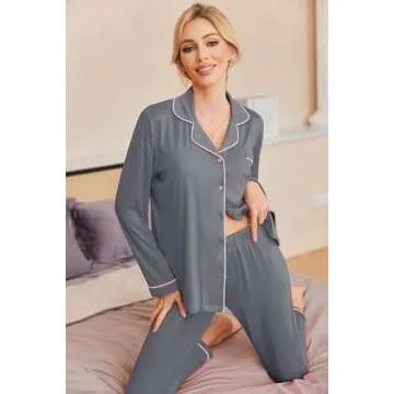 Ekouaer Women's Long Sleepwear Pajama Set Loungewear, Gray, L