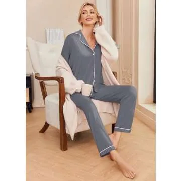 Ekouaer Women's Long Sleepwear Pajama Set Loungewear, Gray, L