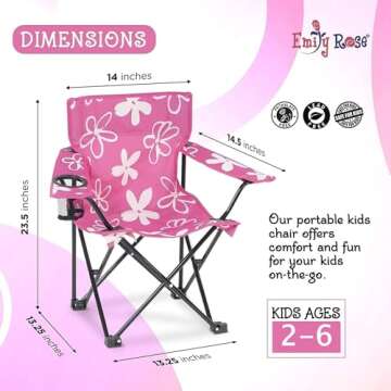 Emily Rose Kids Folding Chair | USA Company | Pink Kid Beach Chair with Safety Lock- Camping Chair f...
