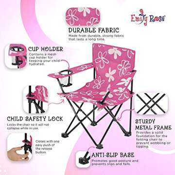Emily Rose Kids Folding Chair | USA Company | Pink Kid Beach Chair with Safety Lock- Camping Chair for Girls Toddler with Cup Holder & Carry Case- Tailgate, Travel, Beach, Lawn- for Indoor & Outdoor