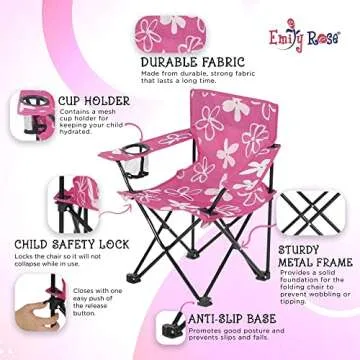 Emily Rose Kids Folding Chair | USA Company | Pink Kid Beach Chair with Safety Lock- Camping Chair for Girls Toddler with Cup Holder & Carry Case- Tailgate, Travel, Beach, Lawn- for Indoor & Outdoor