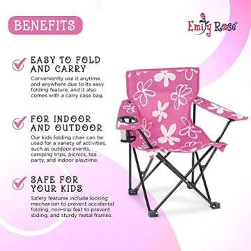 Emily Rose Kids Folding Chair | USA Company | Pink Kid Beach Chair with Safety Lock- Camping Chair for Girls Toddler with Cup Holder & Carry Case- Tailgate, Travel, Beach, Lawn- for Indoor & Outdoor