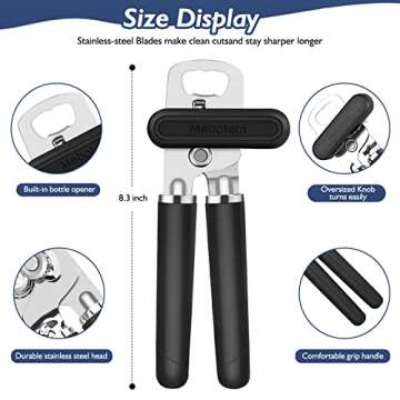 Mebotem Can Opener Manual, Handheld Heavy Duty Can Opener, Stainless Steel Smooth Edge Hand Can Openers, Easy Turn Knob Bottle Opener, Top Lid Kitchen Essentials Gadgets Tool, Black