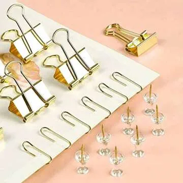CREECHWA Gold Paper Clips and Binder Clips Set, Metal Assorted Sized Binders with Push Pins, Cute Go...