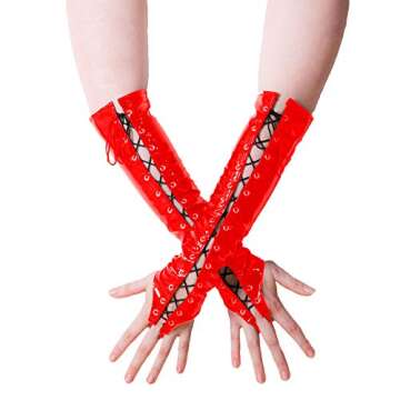 Fetish Queen S-6XL Black String Fingerless Gloves Ladies PVC Lace Up Long Gloves (Red,S)