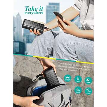 SOXONO Portable Charger, Solar Power Bank 30000mAh with 2 USB 5V 2.1A Outputs, Compact External Battery Pack for Cell Phone Tablet Charging, Outdoor Camping, Vacation