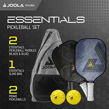 JOOLA Essentials Pickleball Paddles Set with Reinforced Fiberglass Surface and Honeycomb Polypropylene Core - Includes 2 Pickleball Rackets, 2 Pickleball Balls, and Sling Bag