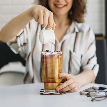 DoceMora 16oz Ribbed Glass cups with Bamboo Lids and Glass Straws Set of 4, Vintage Origami Style Cl...