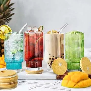 DoceMora 16oz Ribbed Glass cups with Bamboo Lids and Glass Straws Set of 4, Vintage Origami Style Clear Glassware, Reusable Drinking Glasses for Juice, Iced Coffee Beer and Cocktail