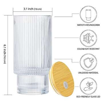 DoceMora 16oz Ribbed Glass cups with Bamboo Lids and Glass Straws Set of 4, Vintage Origami Style Clear Glassware, Reusable Drinking Glasses for Juice, Iced Coffee Beer and Cocktail